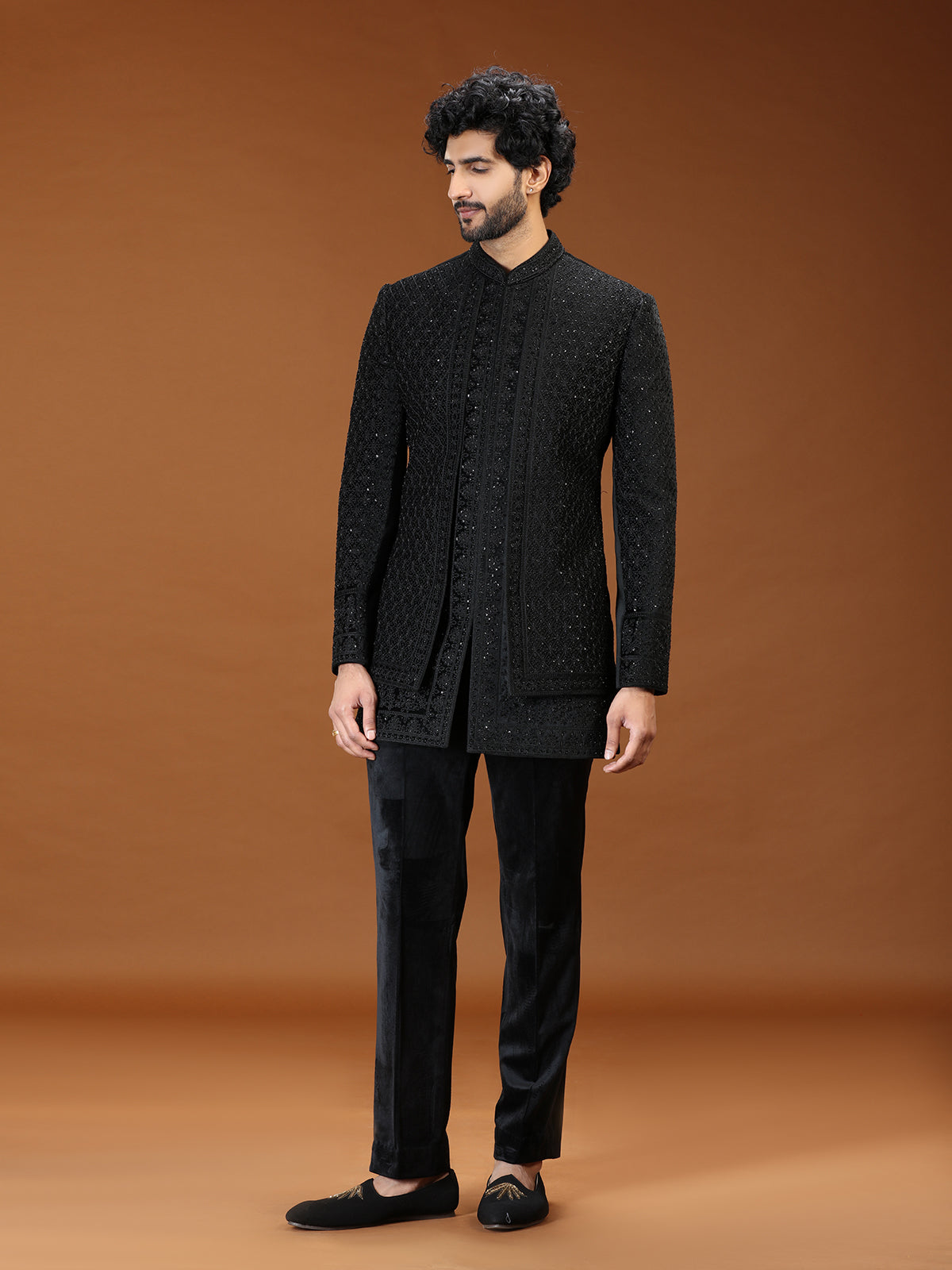 Black geometric chevron velvet mens indo western