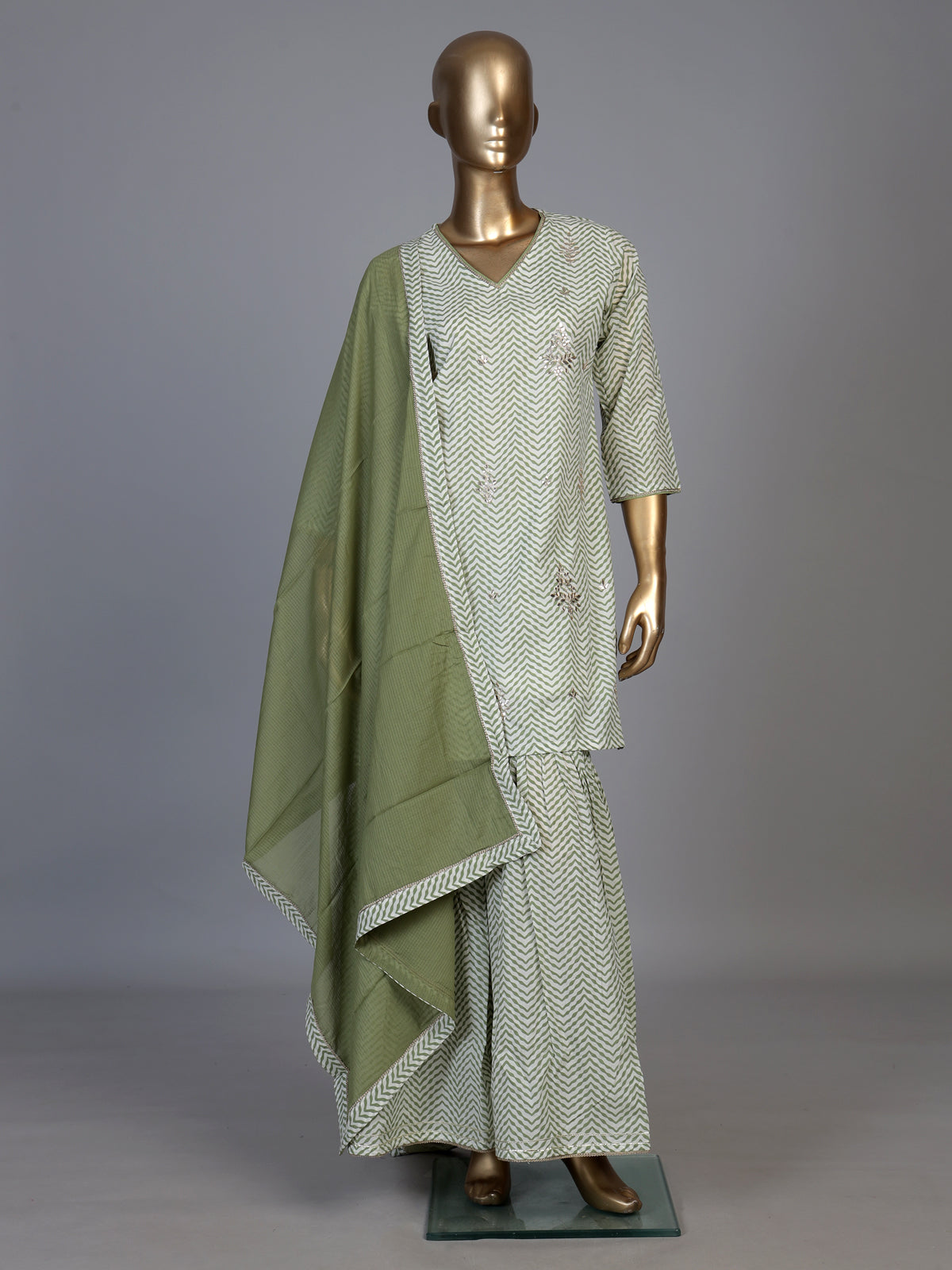 Mehendi green cotton silk kurti set with embellished sharara
