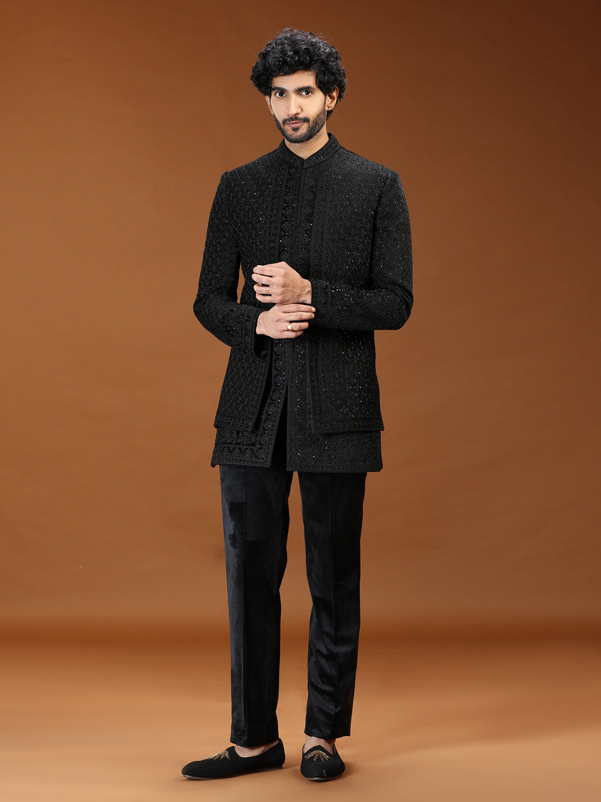 Black geometric chevron velvet mens indo western