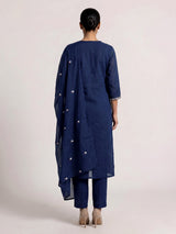 Navy blue cotton blend kurti set with floral embroidery