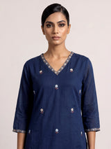 Navy blue cotton blend kurti set with floral embroidery