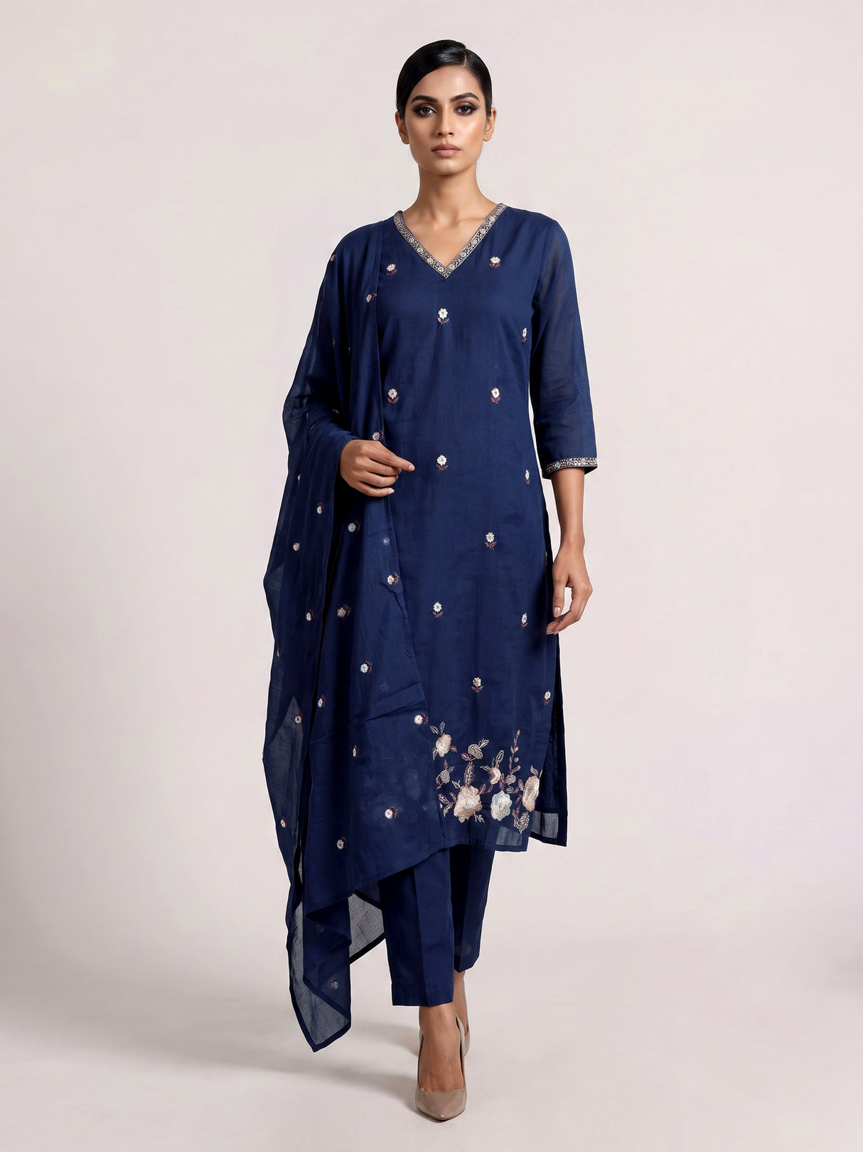 Navy blue cotton blend kurti set with floral embroidery