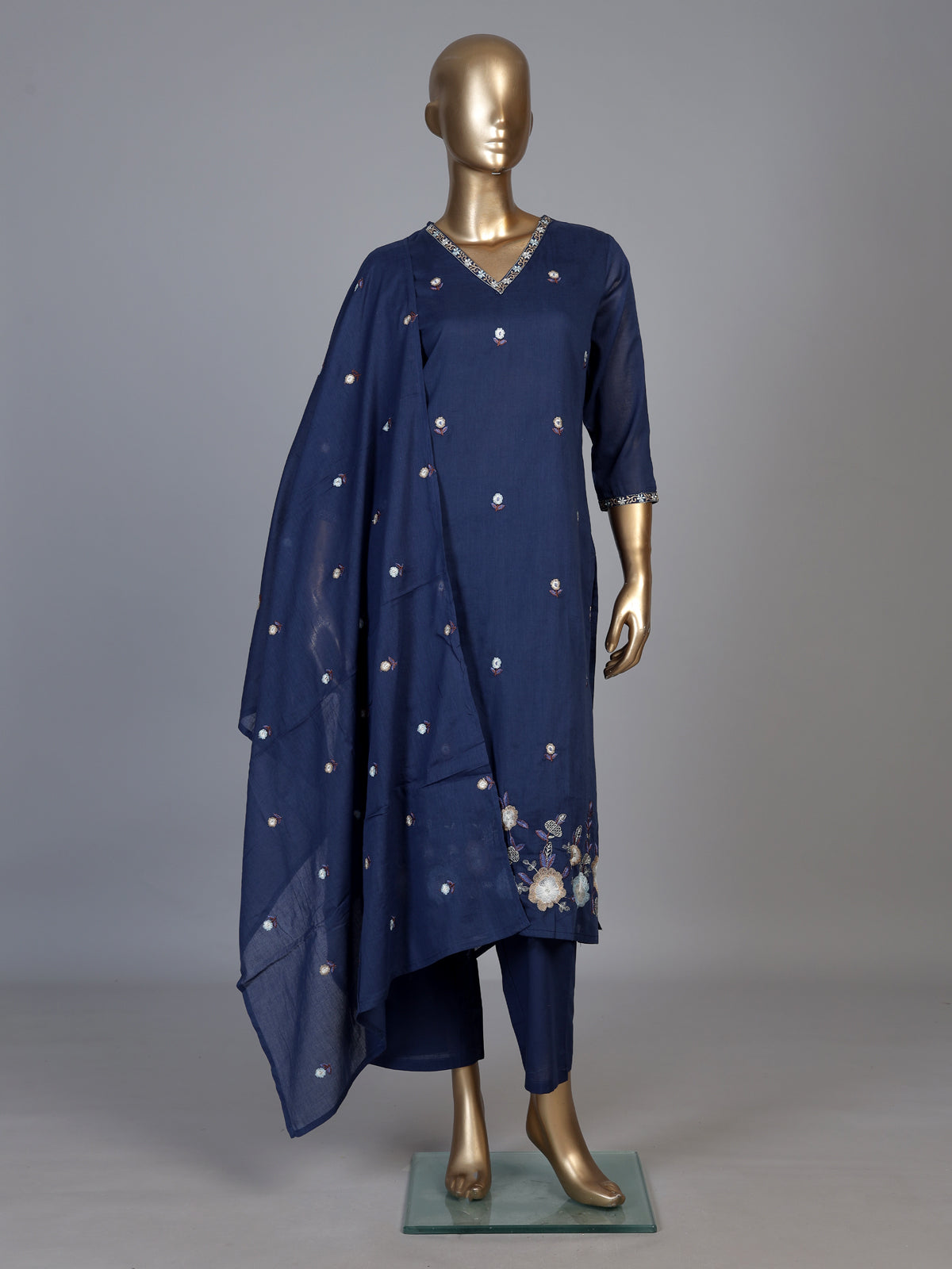 Navy blue cotton blend kurti set with floral embroidery