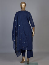 Navy blue cotton blend kurti set with floral embroidery