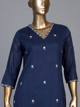 Navy blue cotton blend kurti set with floral embroidery