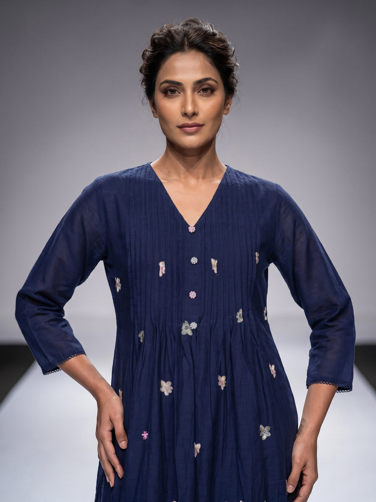 Elegant blue cotton blend kurti set with floral embroidery