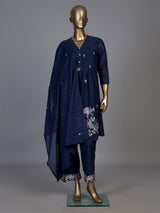 Elegant blue cotton blend kurti set with floral embroidery