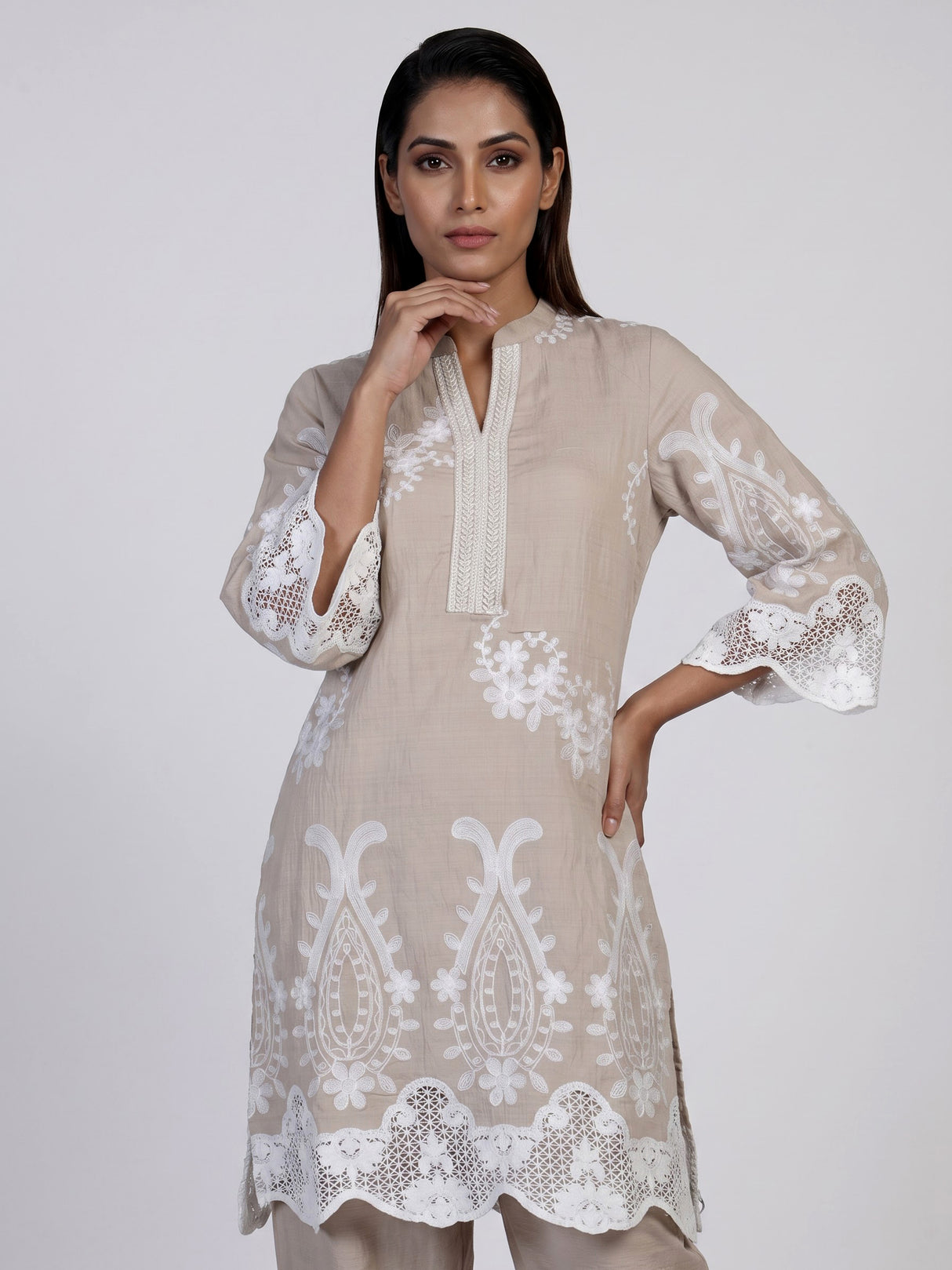 Elegant beige cotton blend kurti set with delicate festive embellishments