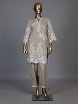 Elegant beige cotton blend kurti set with delicate festive embellishments