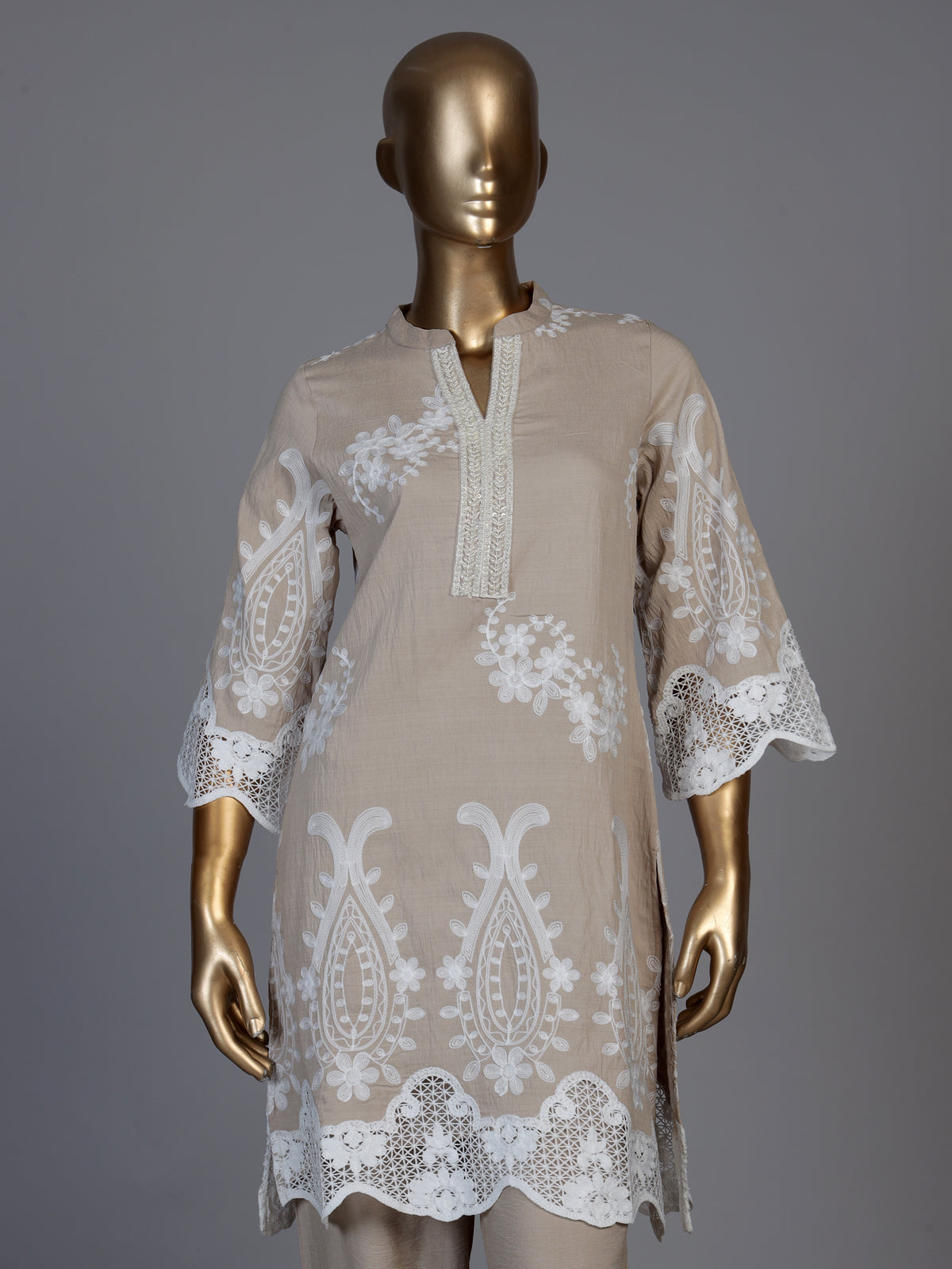 Elegant beige cotton blend kurti set with delicate festive embellishments