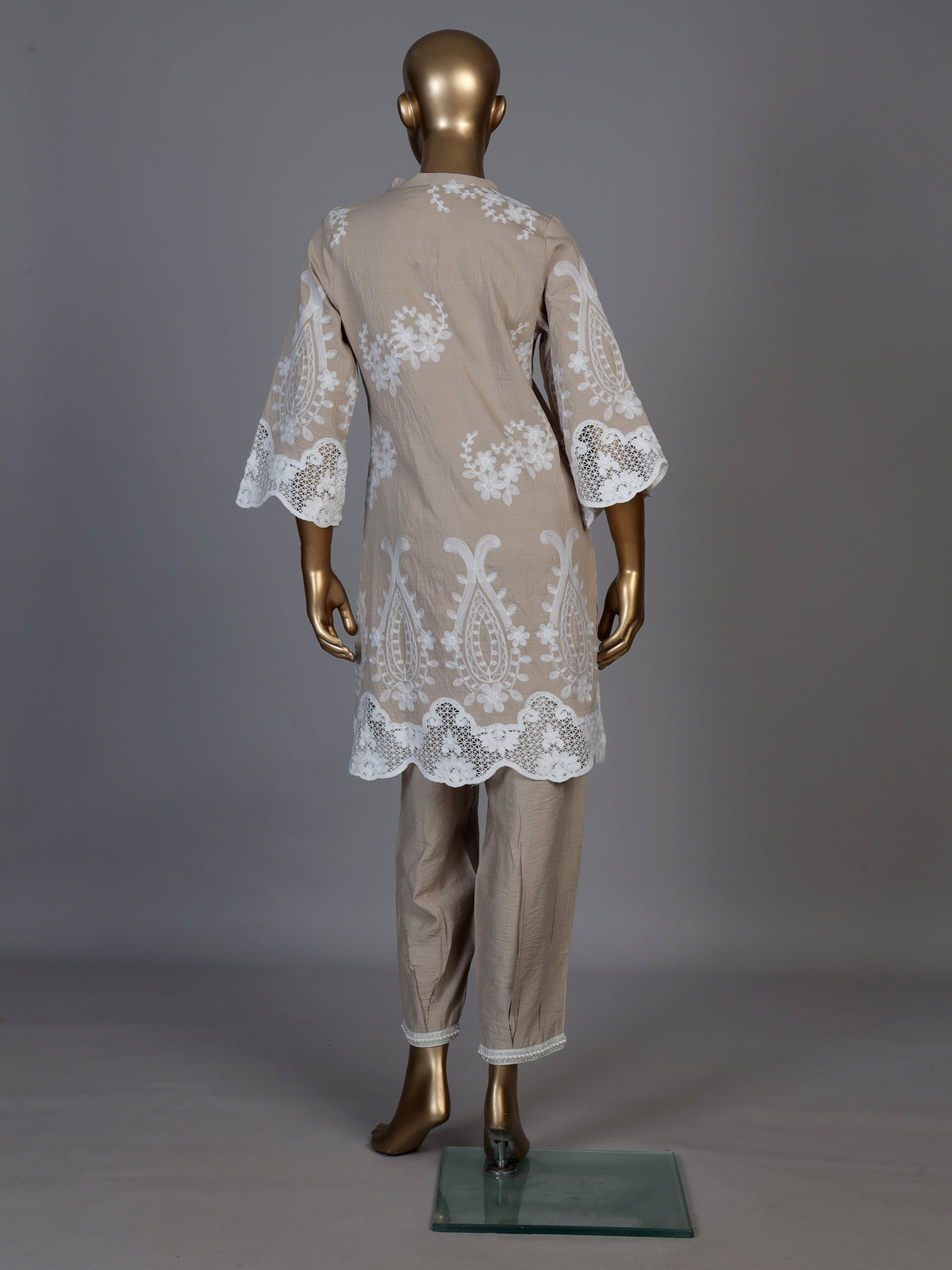 Elegant beige cotton blend kurti set with delicate festive embellishments