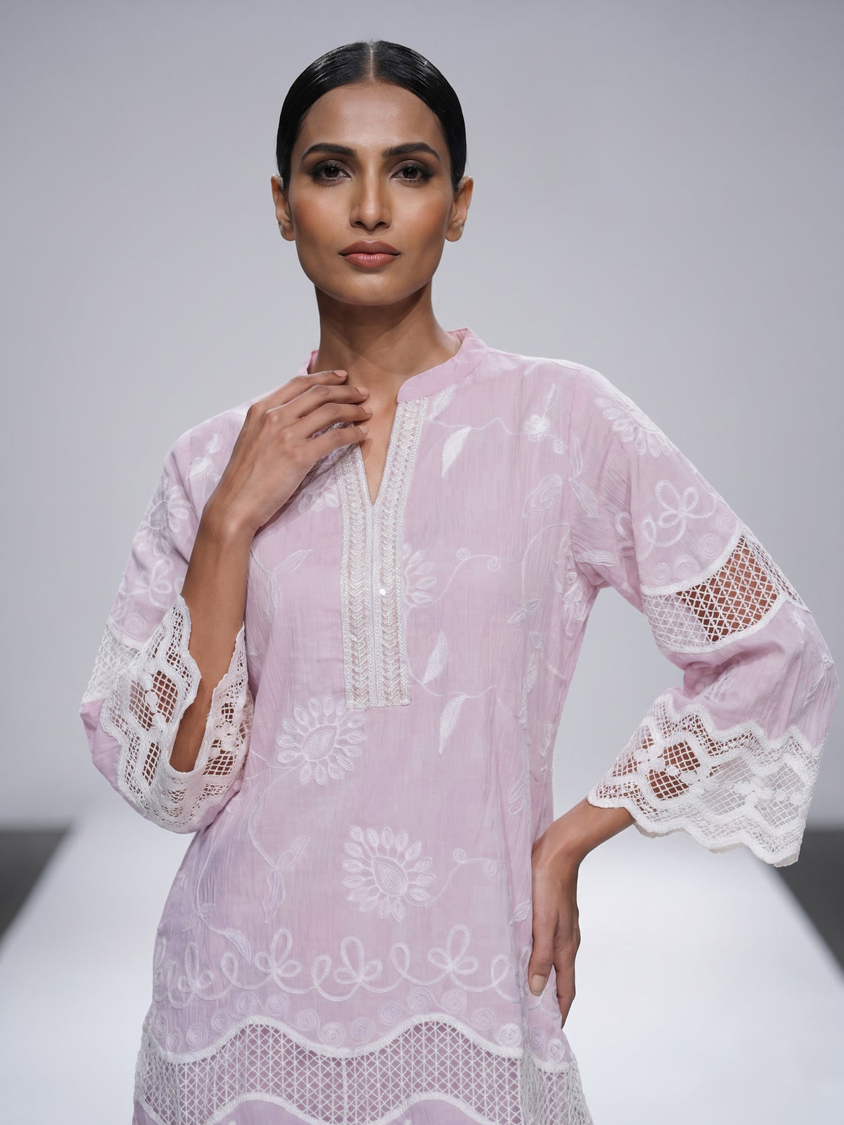 Lovely lilac purple cotton blend kurti set with sparkling cutwork