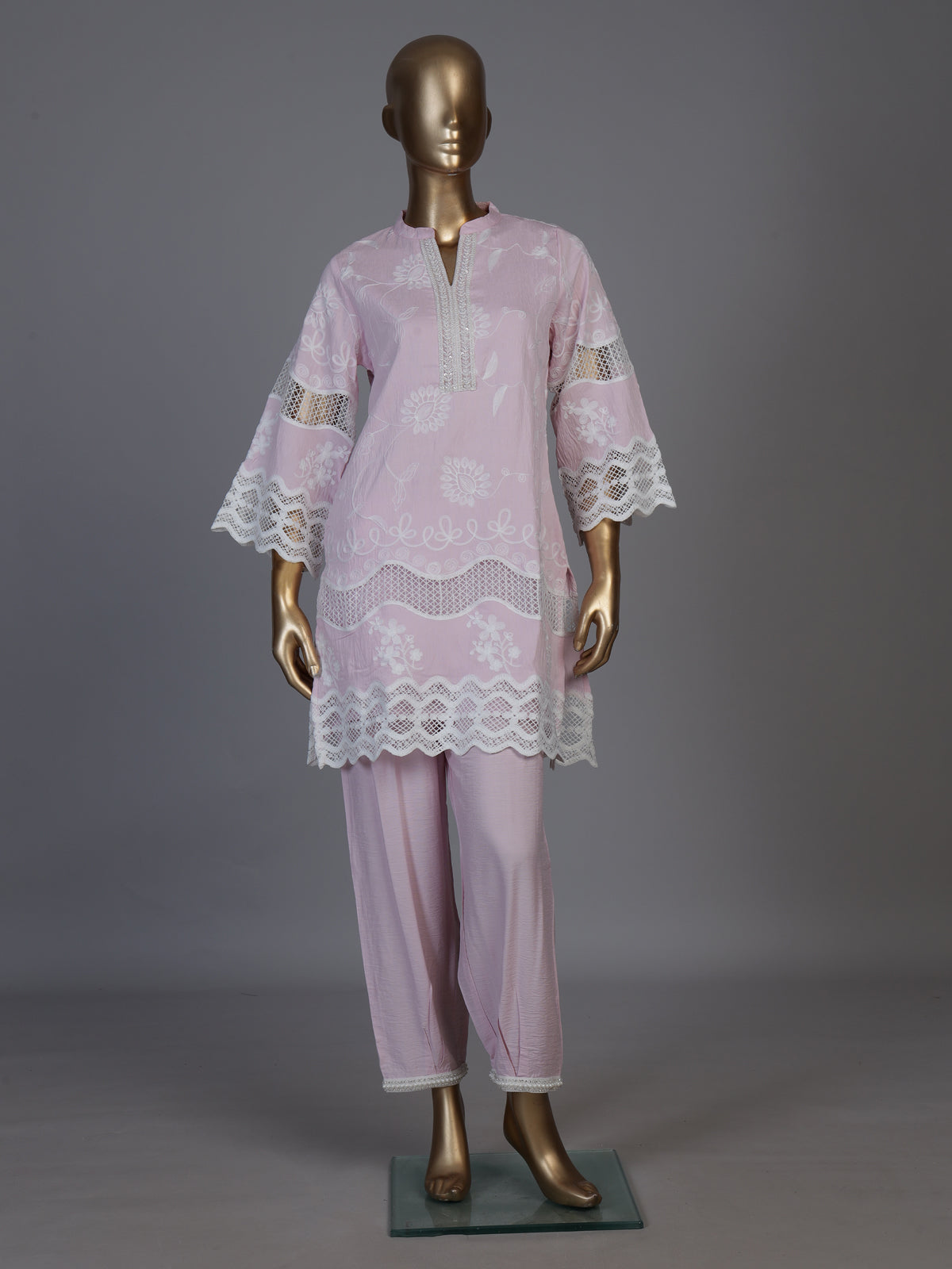 Lovely lilac purple cotton blend kurti set with sparkling cutwork