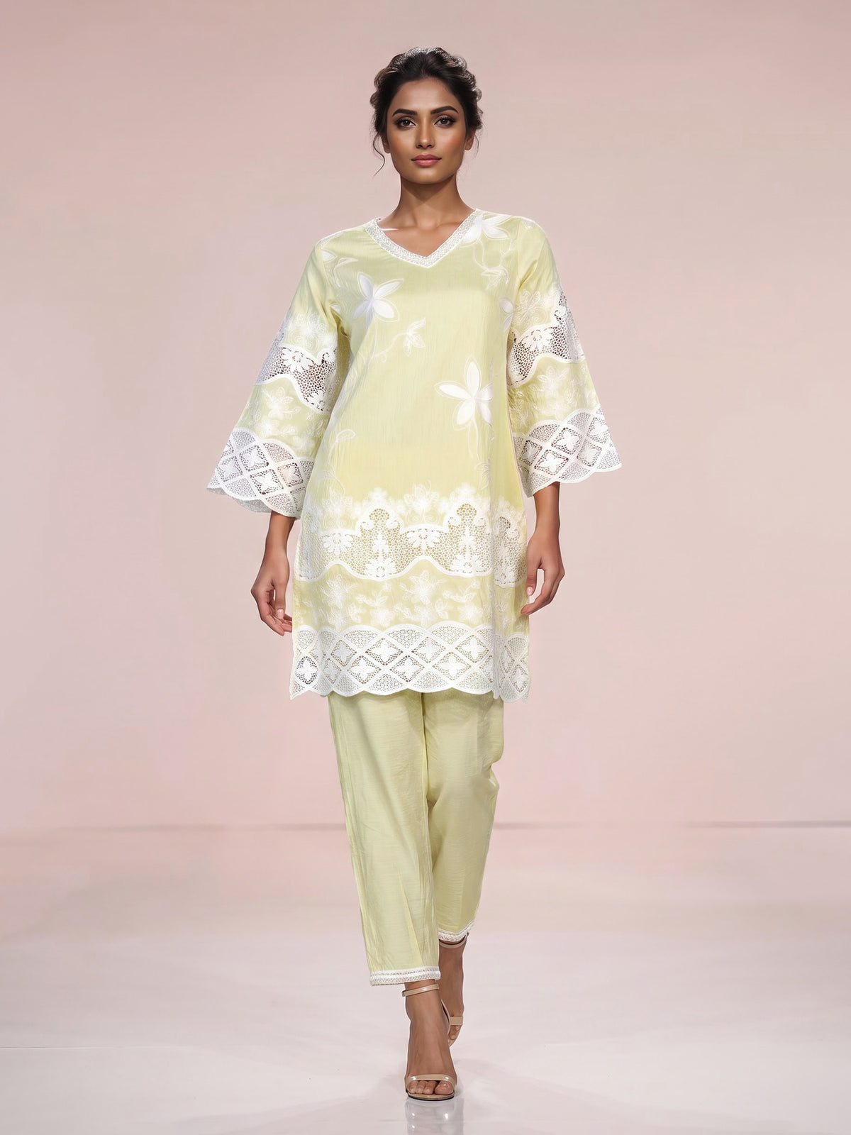 Radiant yellow cotton blend kurti set with pearls and cutwork