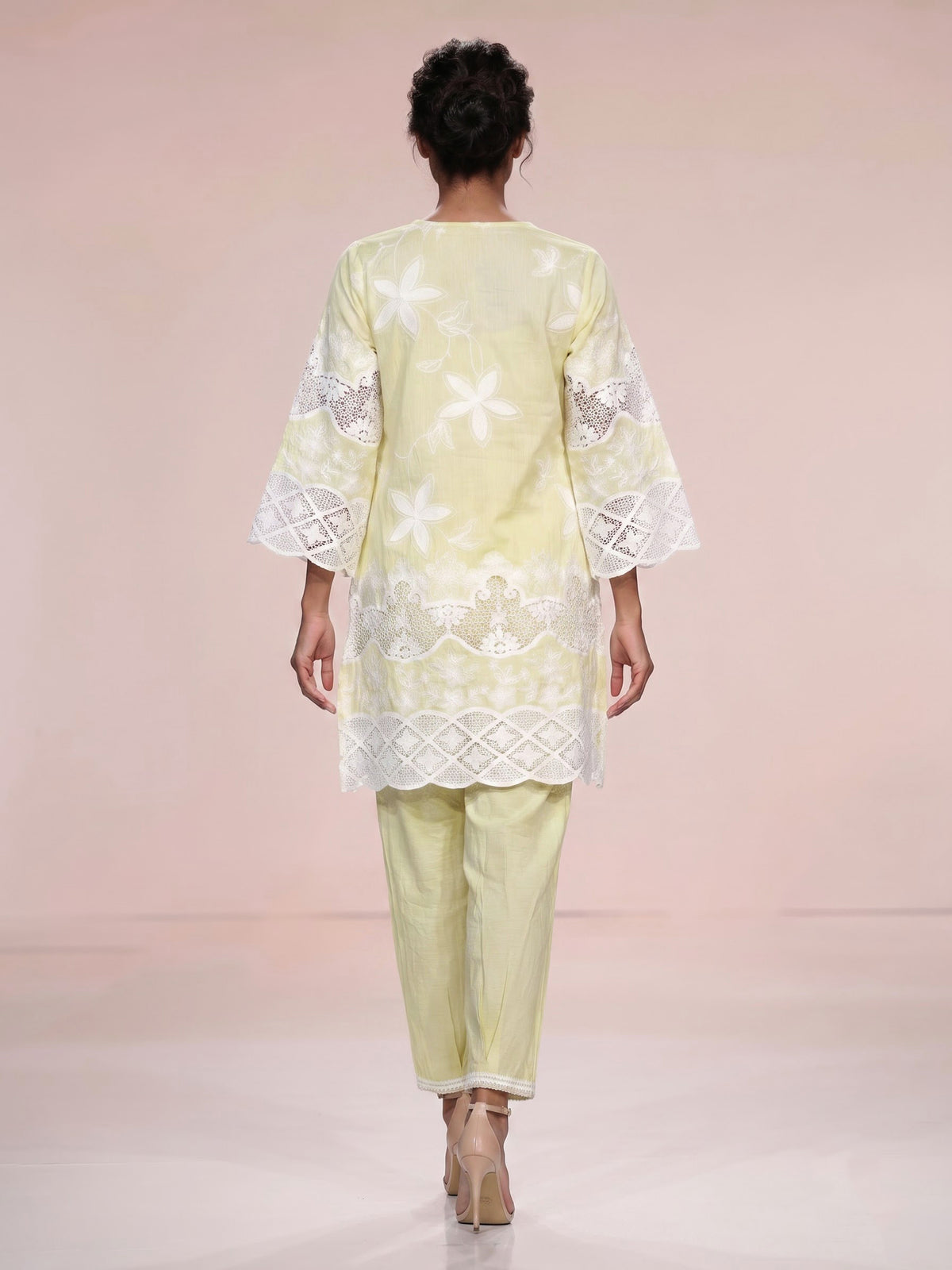 Radiant yellow cotton blend kurti set with pearls and cutwork