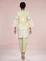 Radiant yellow cotton blend kurti set with pearls and cutwork
