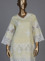 Radiant yellow cotton blend kurti set with pearls and cutwork