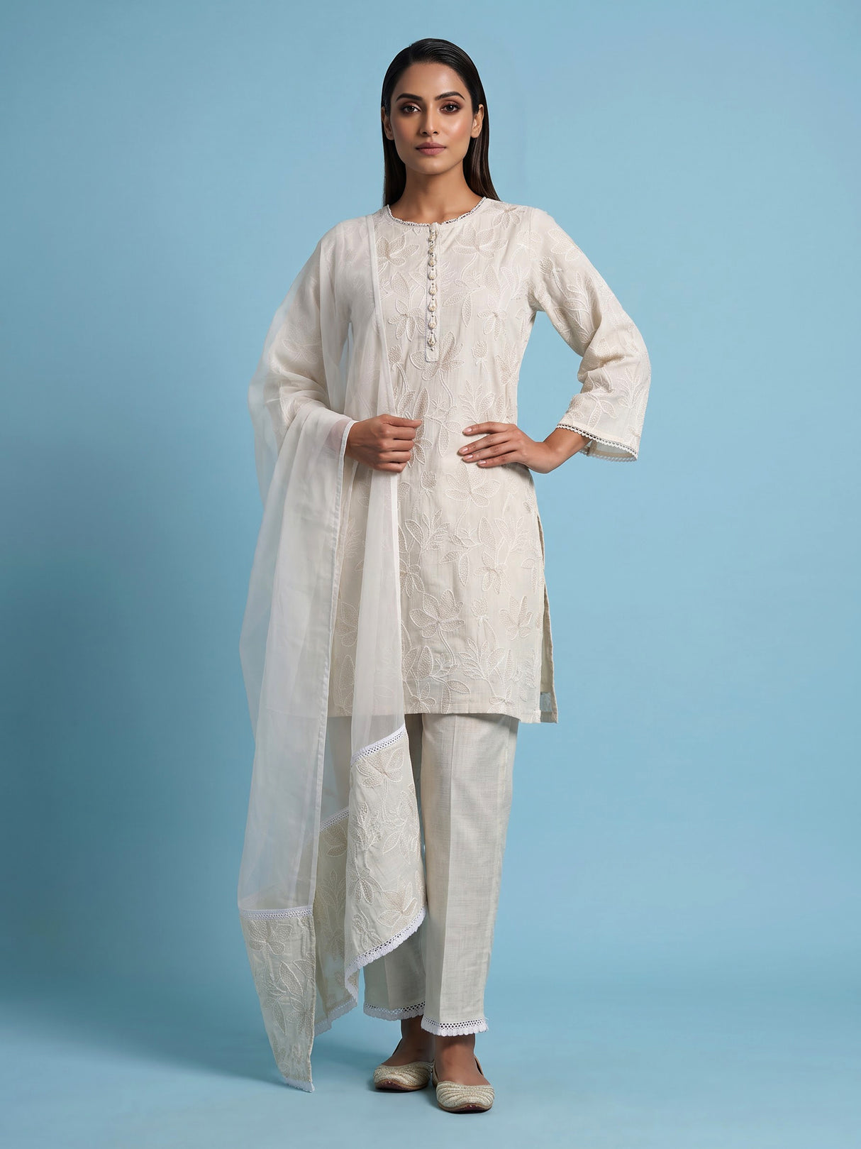 Elegant white cotton blend kurti set with delicate resham work