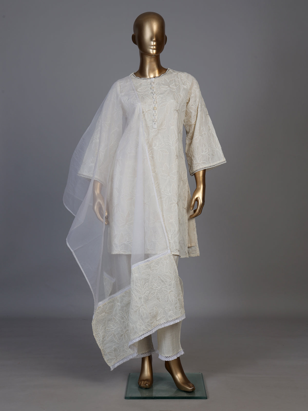 Elegant white cotton blend kurti set with delicate resham work