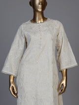 Elegant white cotton blend kurti set with delicate resham work