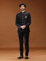 Black velvet royal animal crest mens Jodhpuri suit
