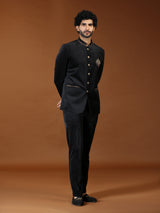 Black velvet royal animal crest mens Jodhpuri suit