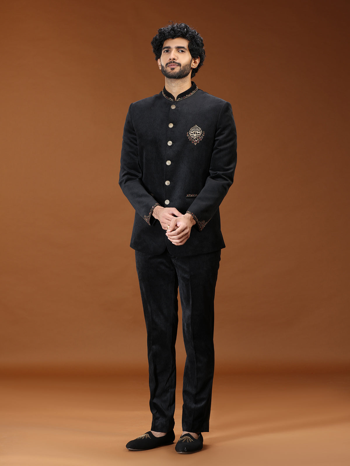 Black velvet royal animal crest mens Jodhpuri suit