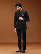 Black velvet royal animal crest mens Jodhpuri suit