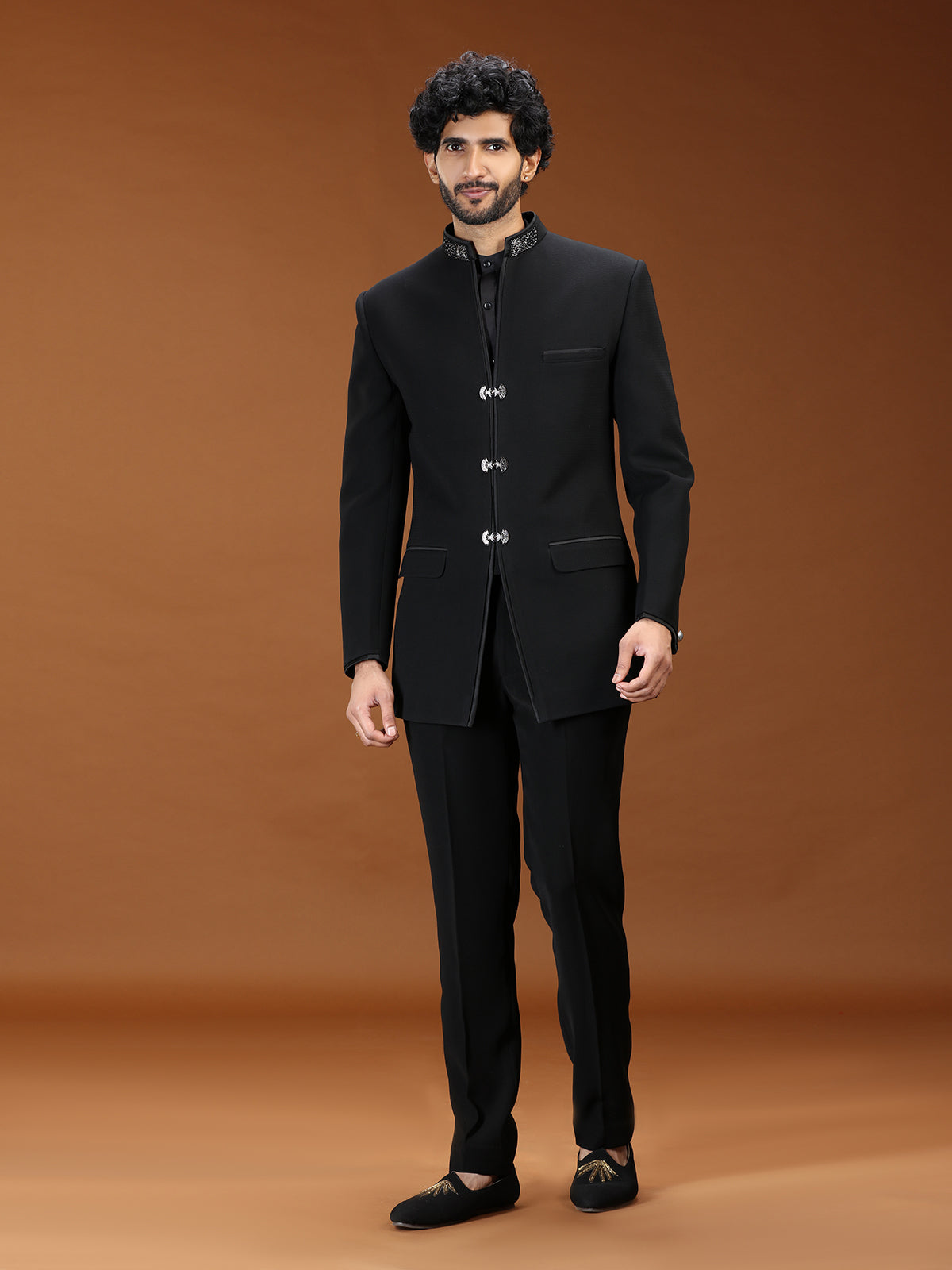 Black velvet silver clasp embellished mens Jodhpuri suit