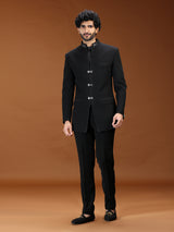 Black velvet silver clasp embellished mens Jodhpuri suit