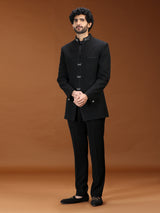 Black velvet silver clasp embellished mens Jodhpuri suit