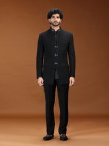 Black velvet silver clasp embellished mens Jodhpuri suit