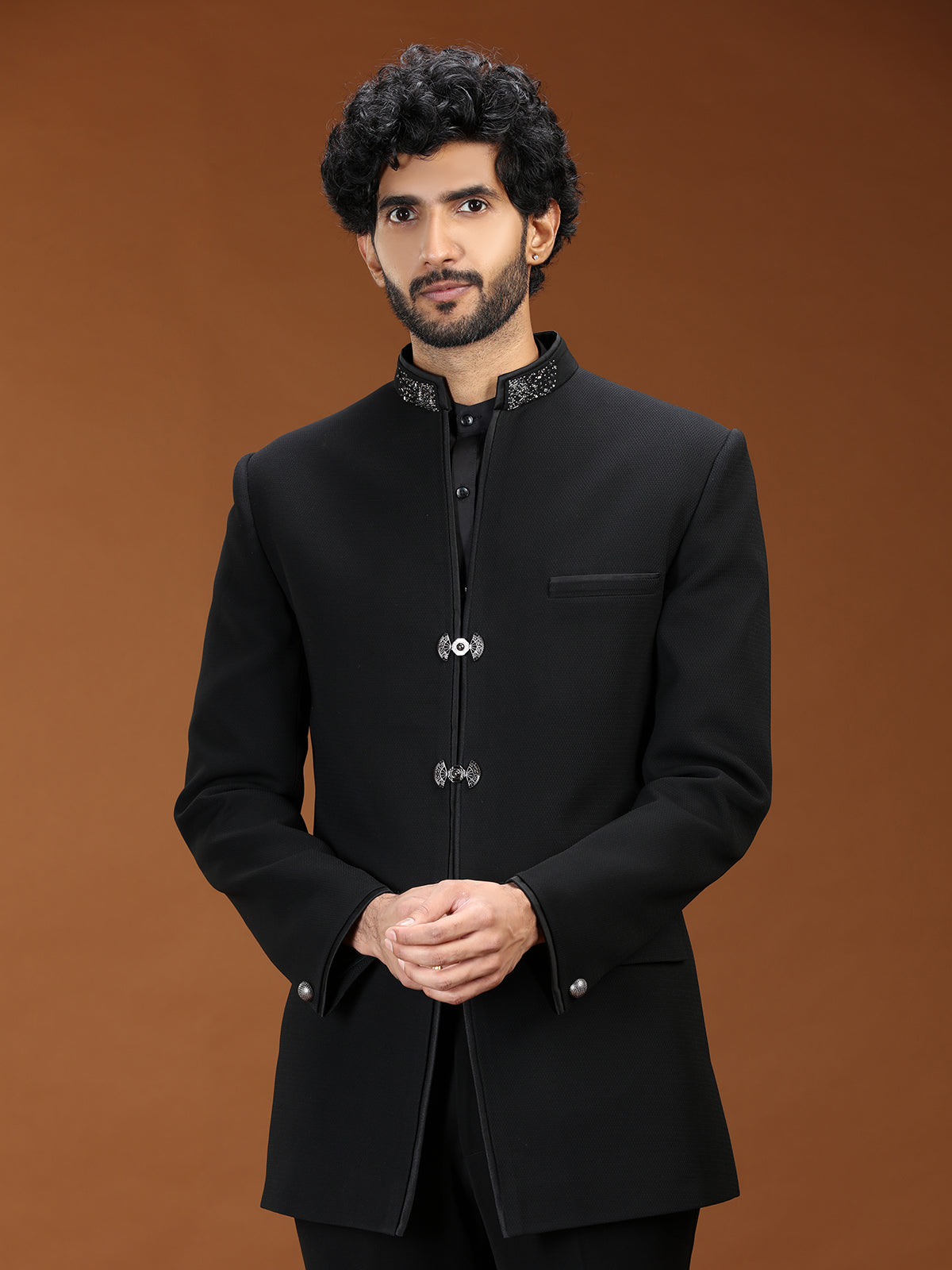 Black velvet silver clasp embellished mens Jodhpuri suit