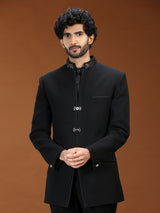 Black velvet silver clasp embellished mens Jodhpuri suit