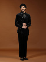 Black velvet sculpted horse crest mens Jodhpuri suit
