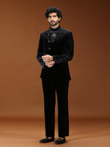 Black velvet sculpted horse crest mens Jodhpuri suit