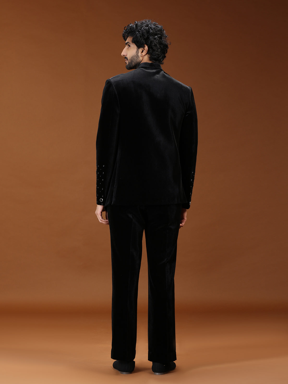 Black velvet sculpted horse crest mens Jodhpuri suit