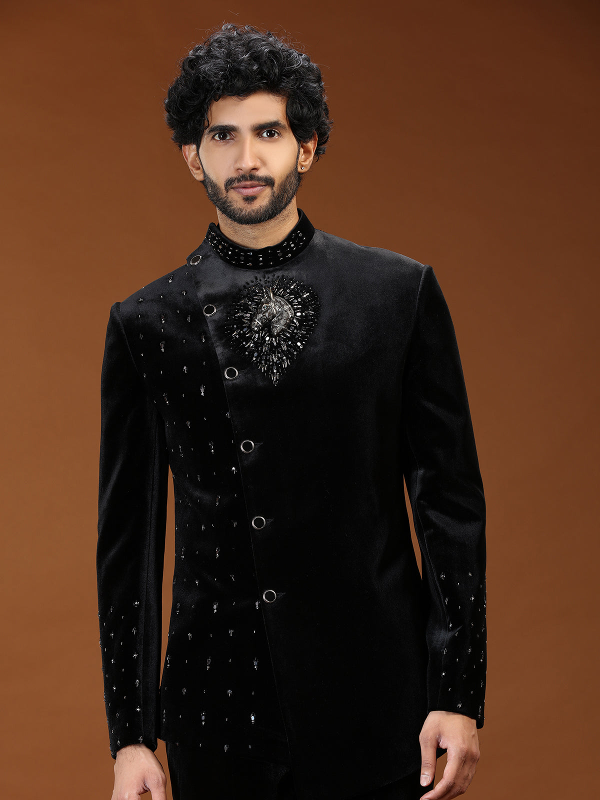 Black velvet sculpted horse crest mens Jodhpuri suit