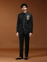 Black velvet royal tiger emblem mens Jodhpuri suit
