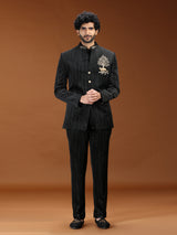 Black velvet royal tiger emblem mens Jodhpuri suit