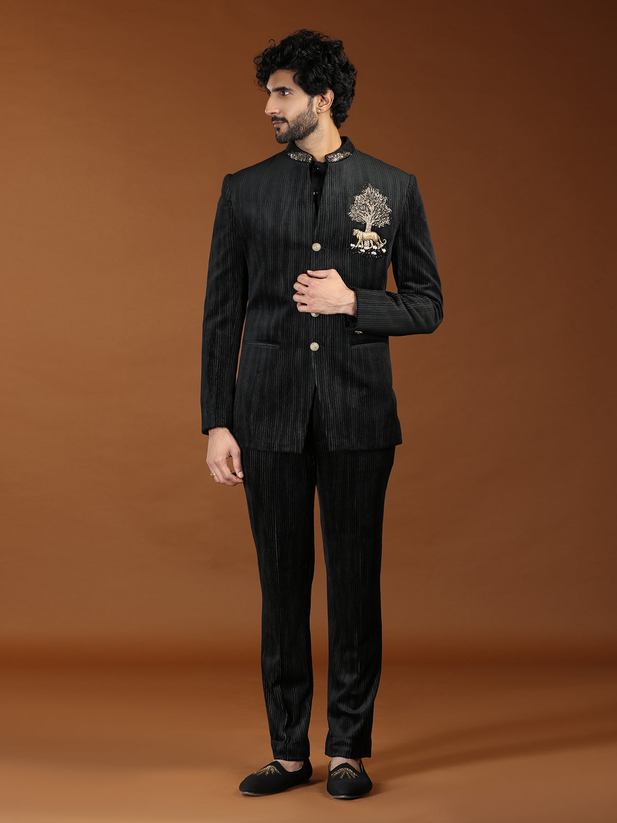 Black velvet royal tiger emblem mens Jodhpuri suit