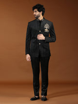 Black velvet royal tiger emblem mens Jodhpuri suit