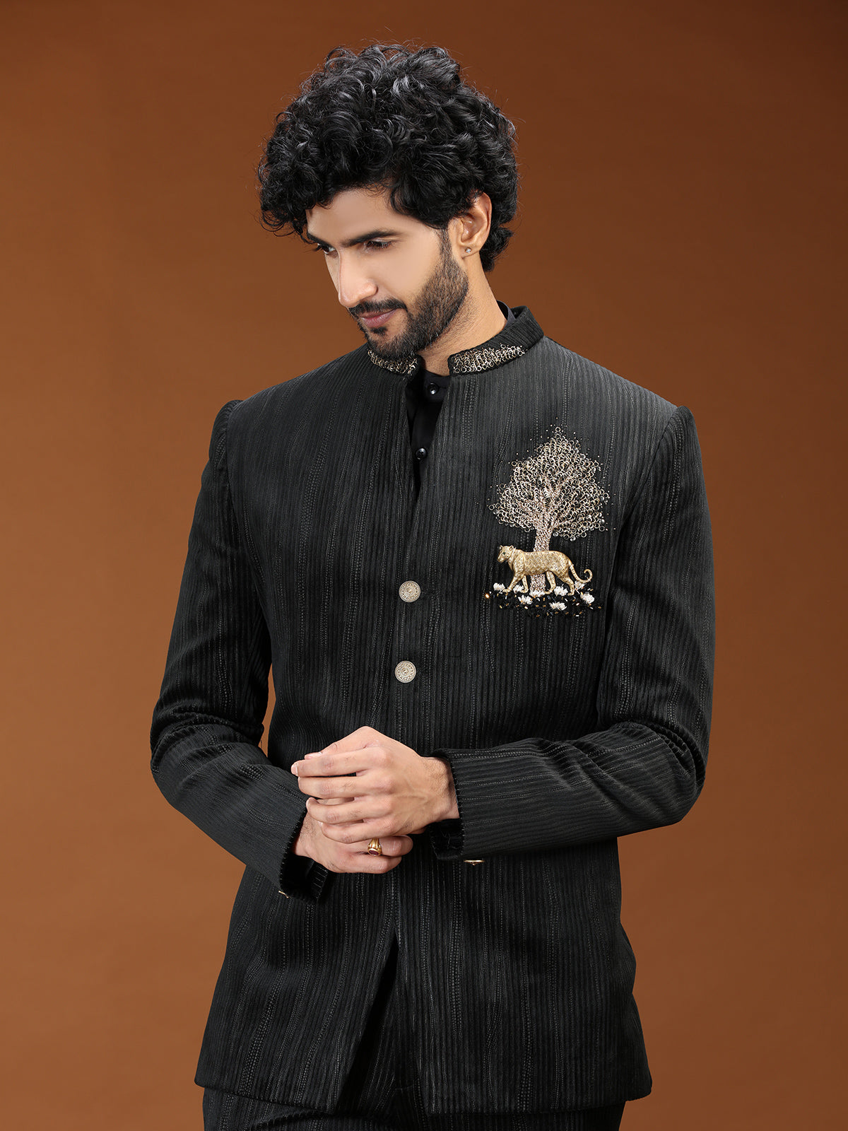 Black velvet royal tiger emblem mens Jodhpuri suit