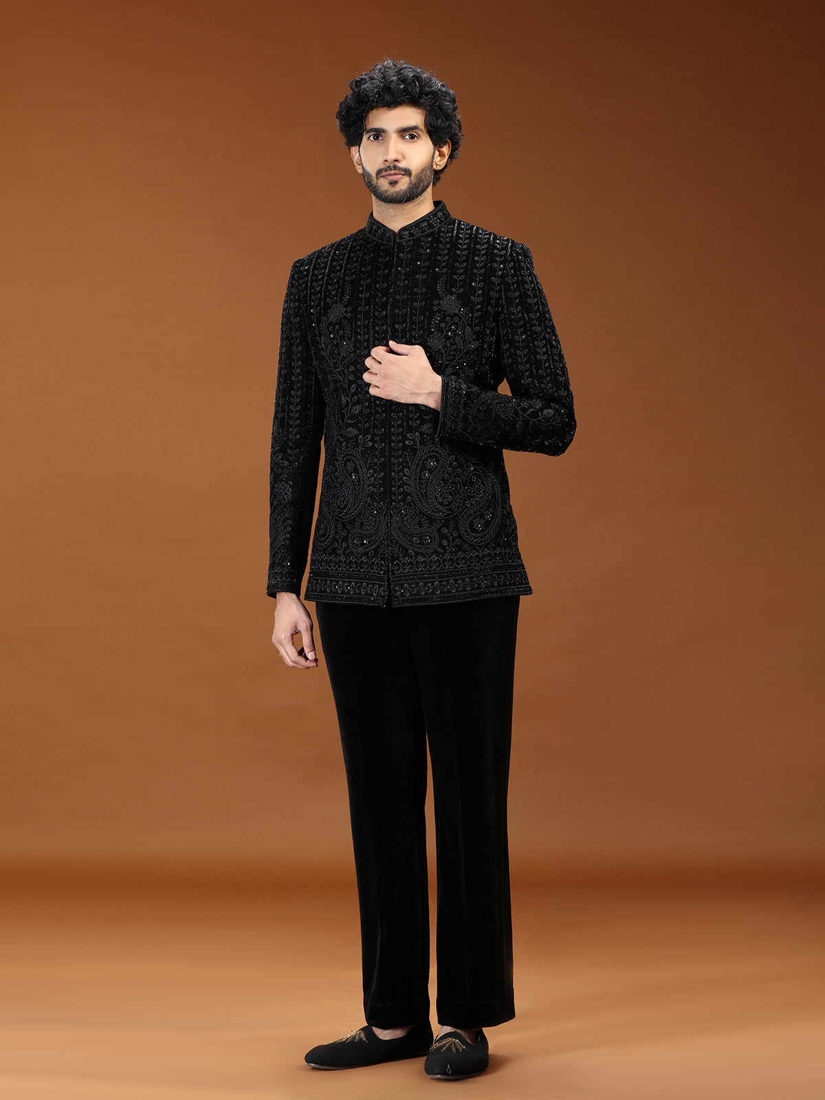 Royal black floral jodhpuri suit for mens