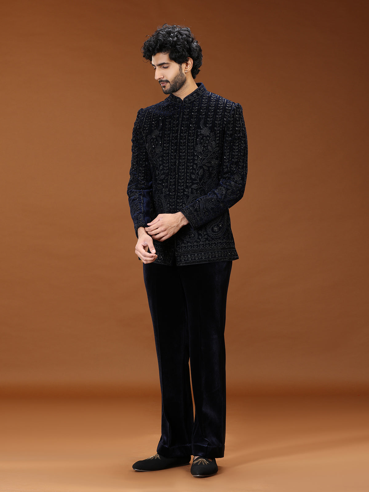 Elegant navy blue floral jodhpuri suit for mens