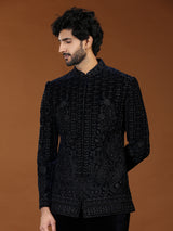 Elegant navy blue floral jodhpuri suit for mens