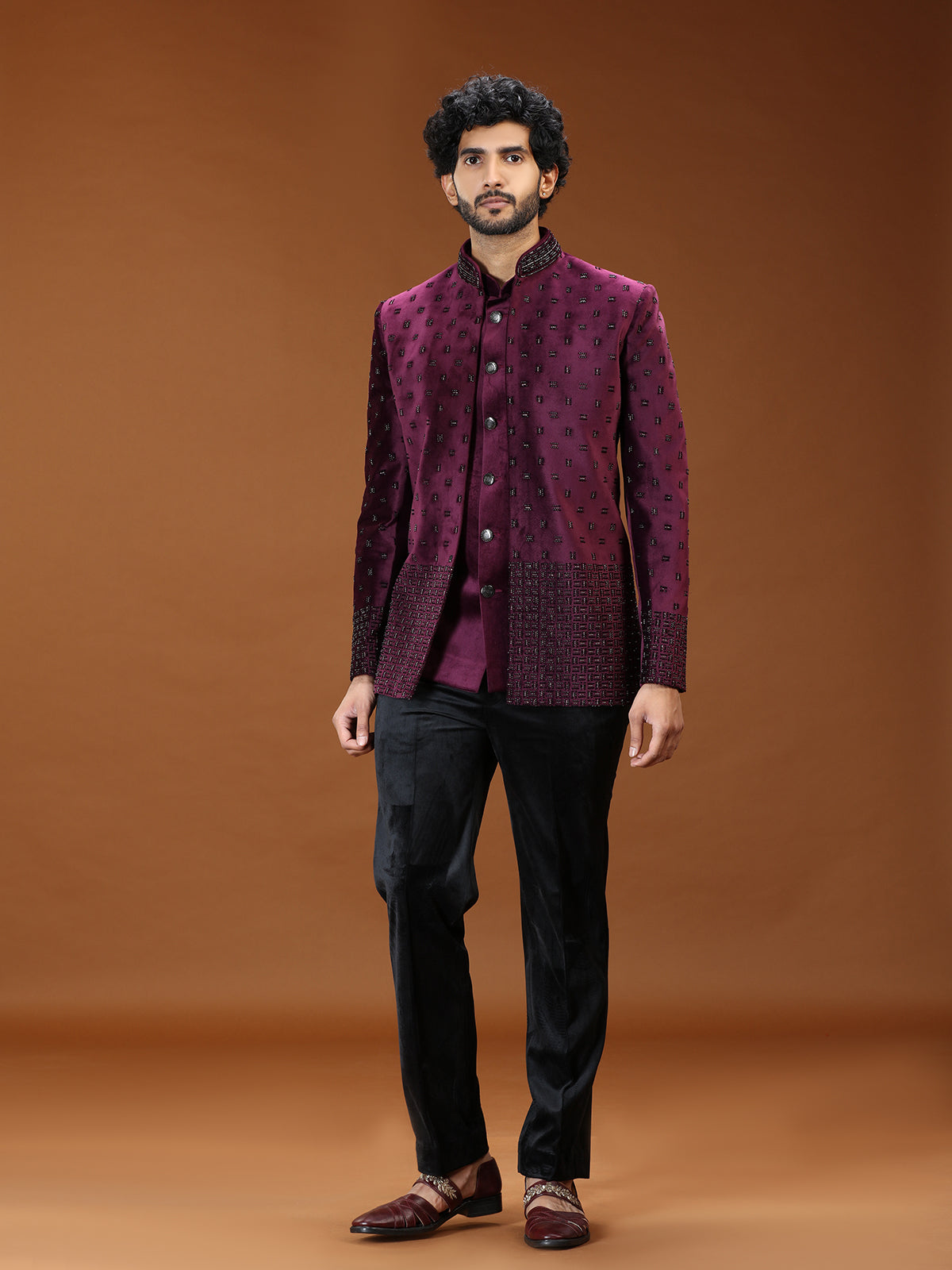 Regal wine cutdana jacket jodhpuri suit for mens