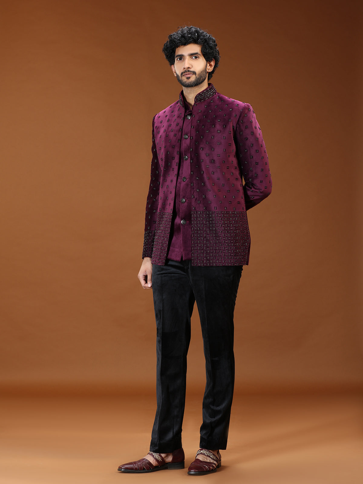Regal wine cutdana jacket jodhpuri suit for mens