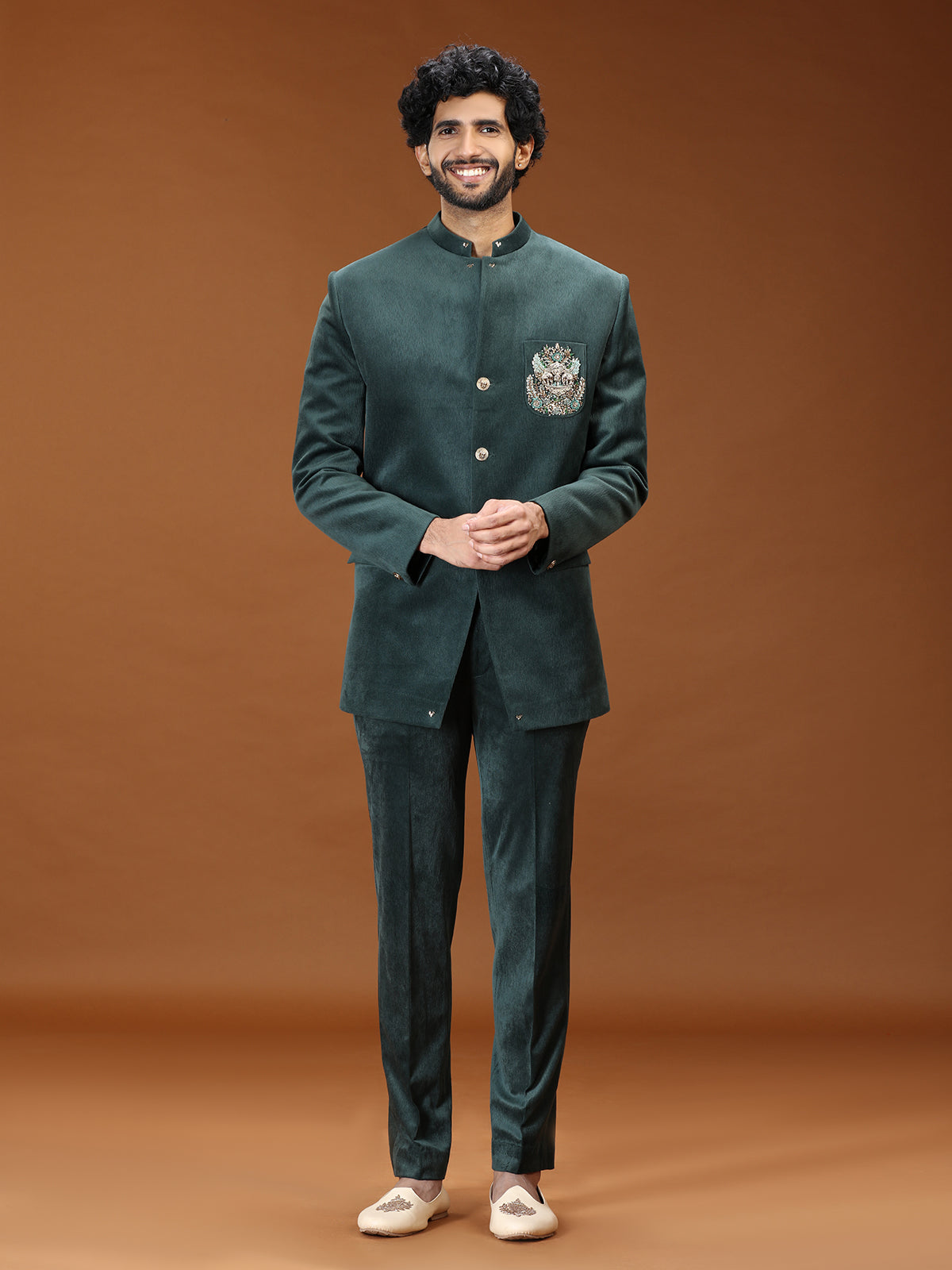 Regal green crest embroidered jodhpuri suit for mens