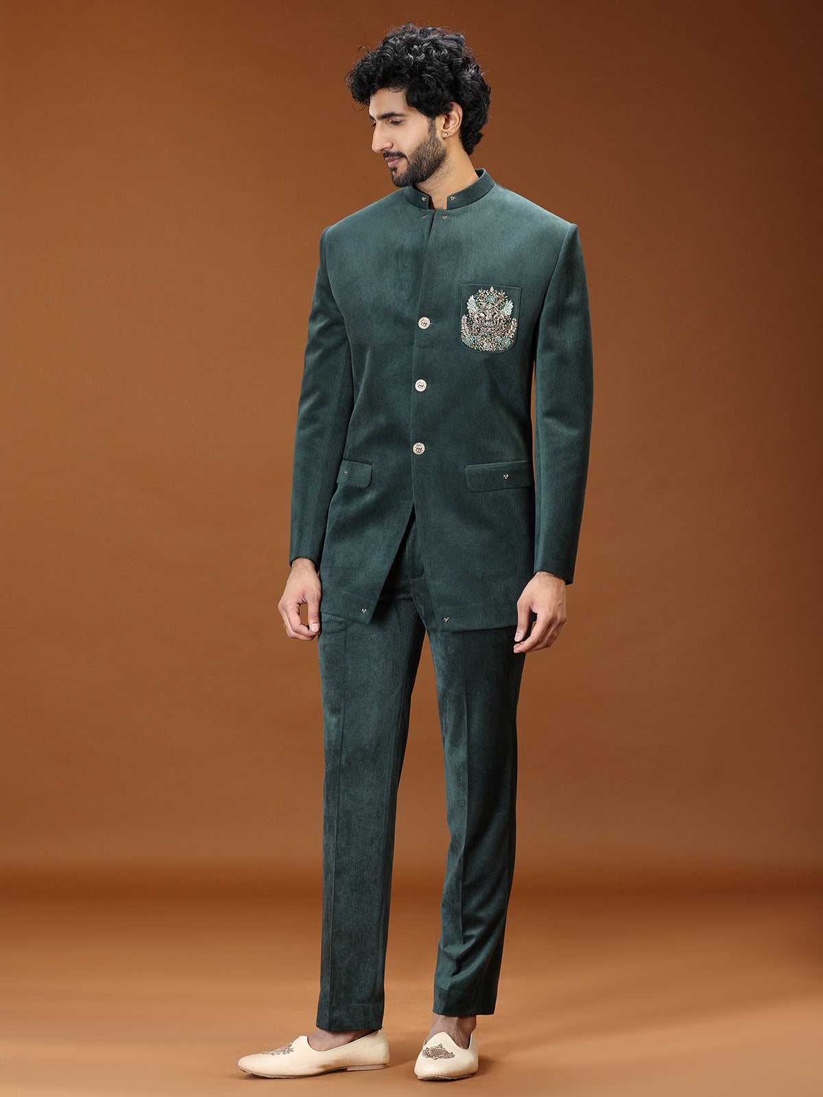 Regal green crest embroidered jodhpuri suit for mens
